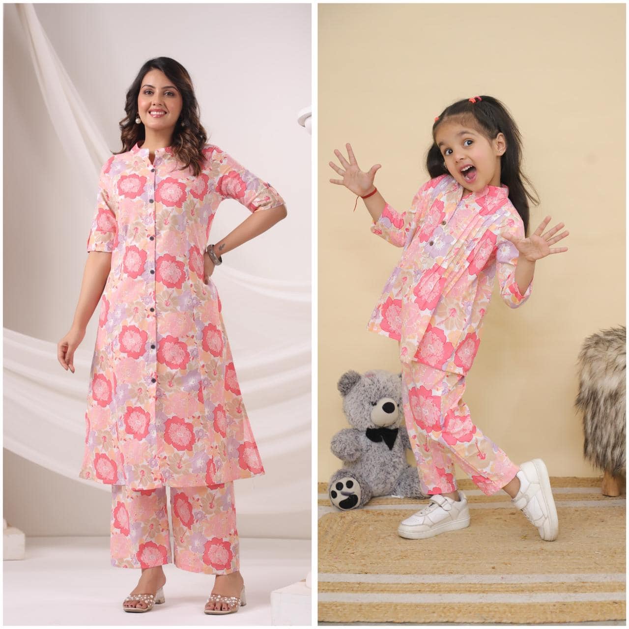 Front view of mother and daughter in matching cotton co-ord sets.