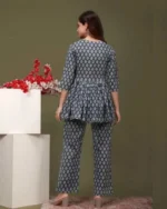 Printed rayon co-ord set back view, frock style top, matching pant, comfortable women's outfit