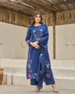 Complete Mul Cotton Embroidered Kurti Pant Dupatta Set Flat Lay, Mul cotton kurti set flat lay, embroidered suit, pant dupatta set layout, fully stitched ethnic wear