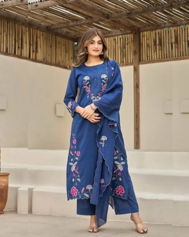 Complete Mul Cotton Embroidered Kurti Pant Dupatta Set Flat Lay, Mul cotton kurti set flat lay, embroidered suit, pant dupatta set layout, fully stitched ethnic wear