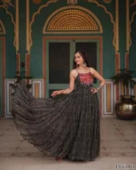 Maroon gown Kutchi patchwork, mirror work yoke, traditional Indian embroidery, festive dress detail