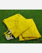 Yellow cotton slub coord set flat lay, sleeveless ethnic outfit, mirror work kurti plazo layout