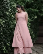 Fuchsia pink cotton slub kurta set, women's embroidered ethnic wear, matching plazo, front view