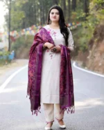 White cotton handloom kurta set, purple art silk dupatta, embroidered kurti, traditional Indian outfit