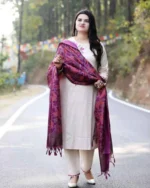 White cotton kurti set, purple dupatta drape, elegant ethnic wear, flowy traditional outfit