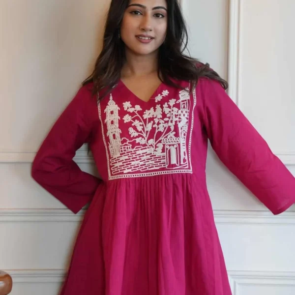 Pink Rayon Kurti with Palazzo, embroidered yoke, full outfit, Indian ethnic wear for women