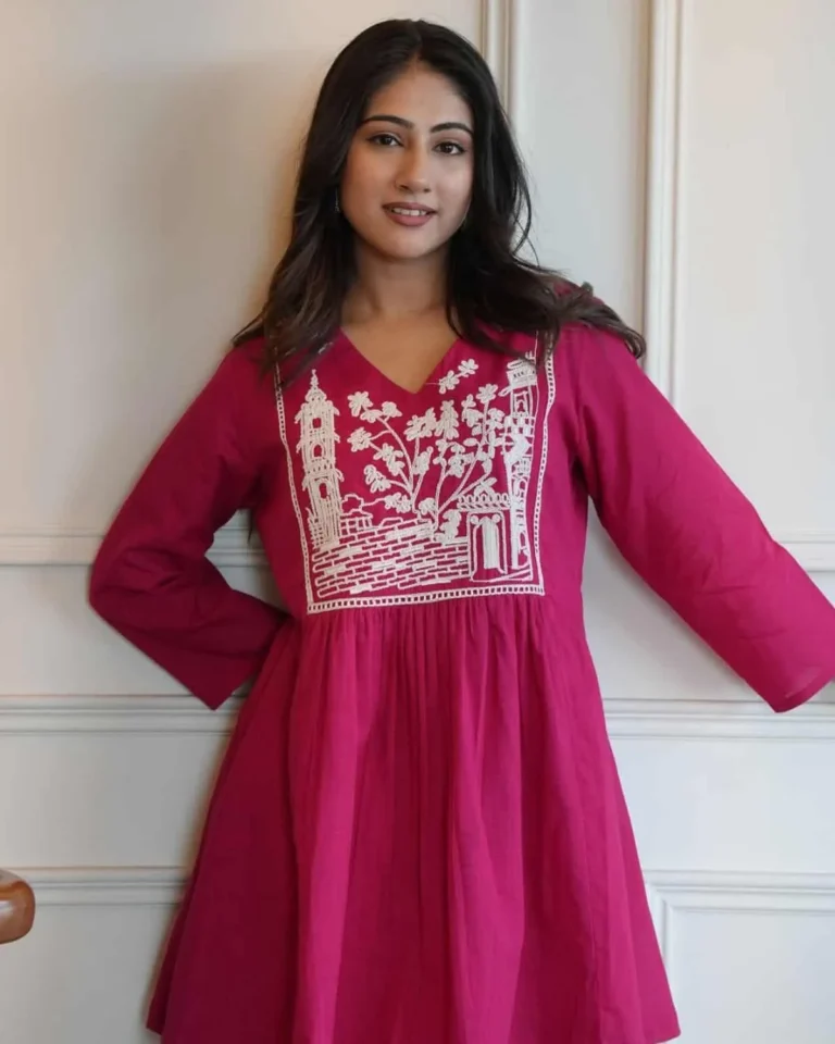 Pink Rayon Kurti with Palazzo, embroidered yoke, full outfit, Indian ethnic wear for women