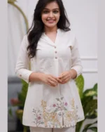 White kurta set lifestyle, model relaxed pose, versatile ethnic wear, comfortable daily outfit