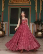 Kutchi patchwork on gown, mirror work yoke, traditional Indian embroidery, festive dress detail