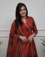 Black cotton A-line kurta set, elephant print, malmal dupatta, elegant women's ethnic wear