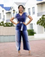 Blue ombre coord set, smiling model, full front view, digital print western wear