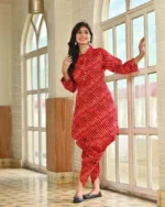 Red Lahariya dhoti set, foil muslin, dori work, traditional Rajasthan design