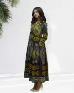 Blue dress embroidery, white thread work, intricate design, traditional patterns, festive dress detail