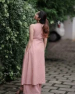 Teal blue cotton slub kurta set, embroidered ethnic outfit, women's plazo set, full shot