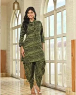 Green Lahariya dhoti kurti set, foil muslin, dori work neck, traditional Indian outfit