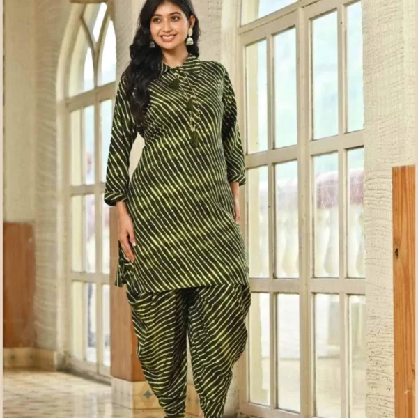 Green Lahariya dhoti kurti set, foil muslin, dori work neck, traditional Indian outfit