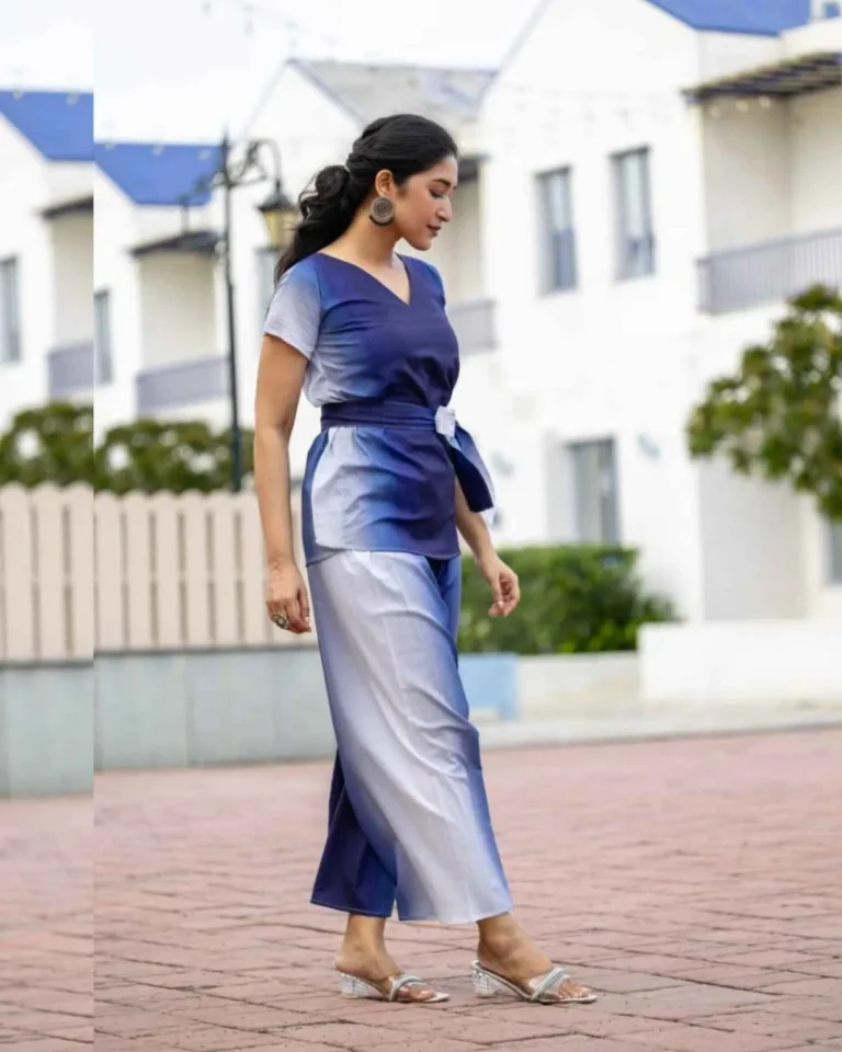 Blue ombre coord set side view, model silhouette, western wear outfit, sugar cane fabric