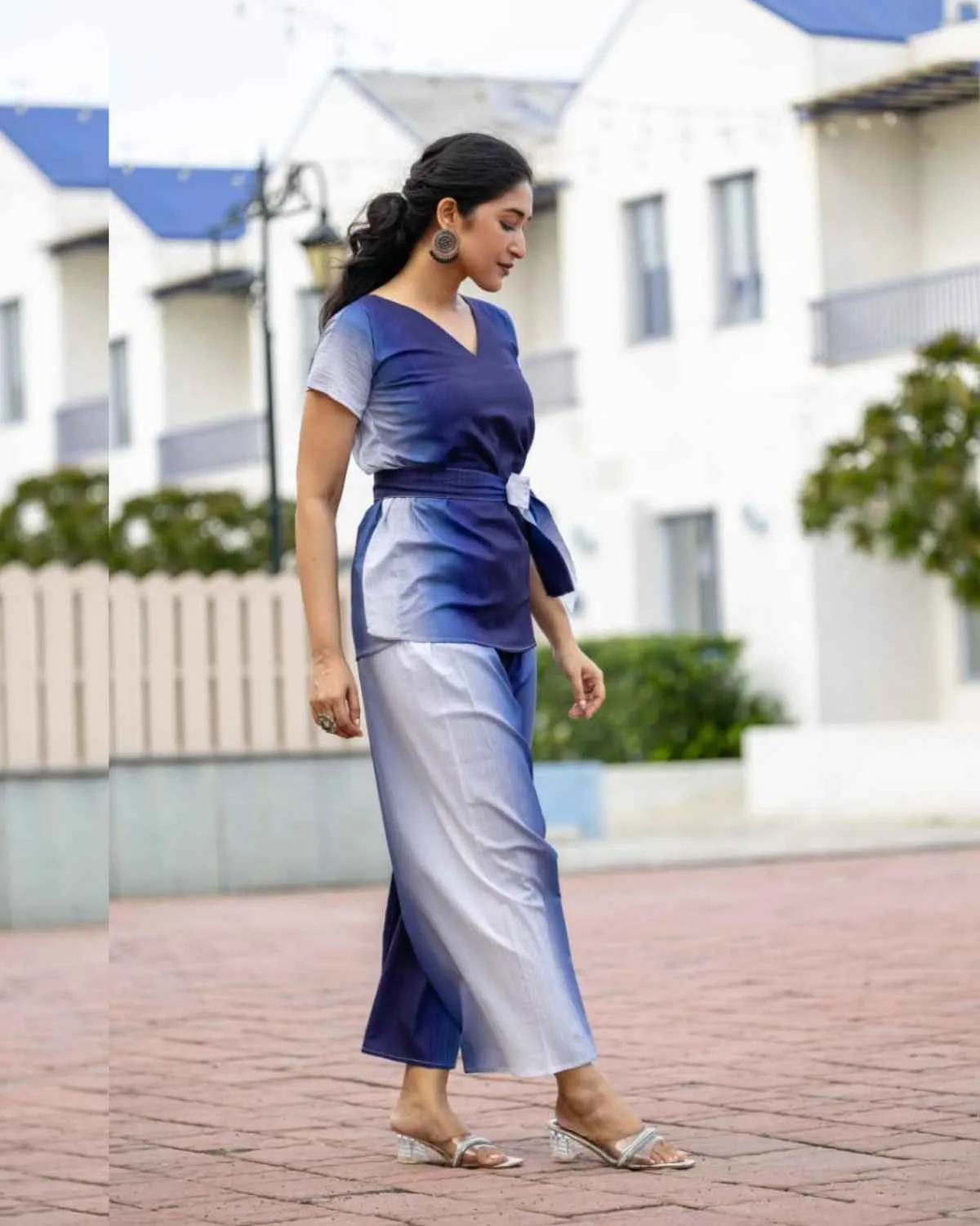 Blue ombre coord set side view, model silhouette, western wear outfit, sugar cane fabric