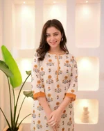 White cotton kurta set, pink floral print, lace trim, women's casual ethnic wear