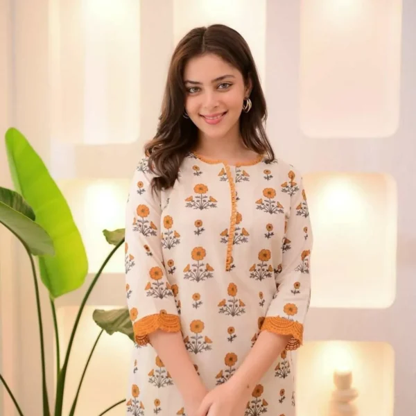 White cotton kurta set, pink floral print, lace trim, women's casual ethnic wear