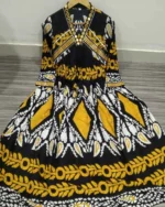 Dress neckline design, sleeve detail, embroidered top, festive dress features