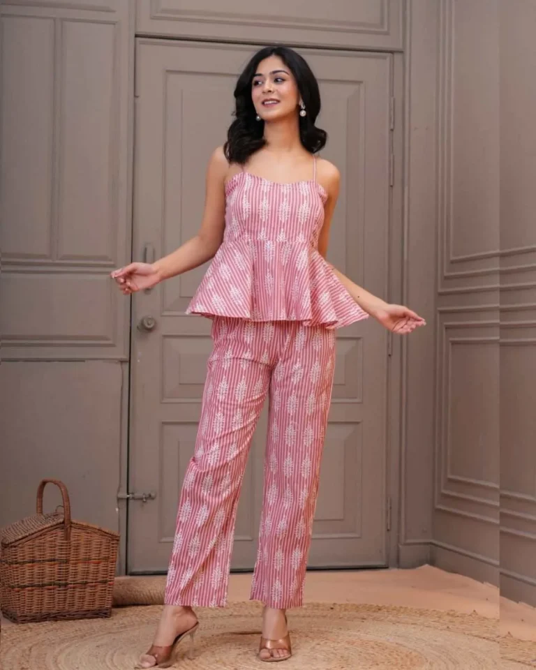 Classy sleeveless set, comfortable cotton outfit, elegant women's wear, graceful pose