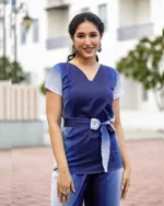 Blue ombre coord set, model confident pose, stylish western wear, modern outfit for women