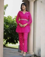 White floral print cord set, butter cotton, elegant pose, comfortable women's ethnic wear