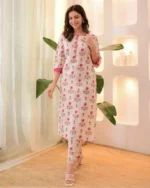 Floral cotton kurta set flat lay, two-piece outfit, printed ethnic wear layout