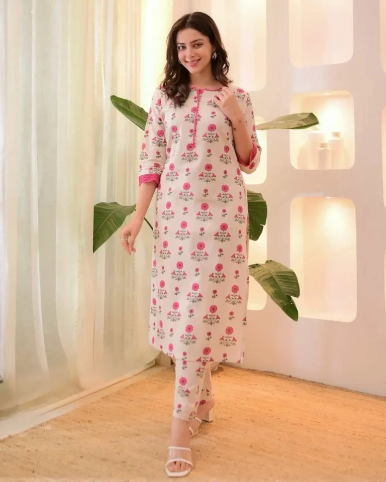 Floral cotton kurta set flat lay, two-piece outfit, printed ethnic wear layout