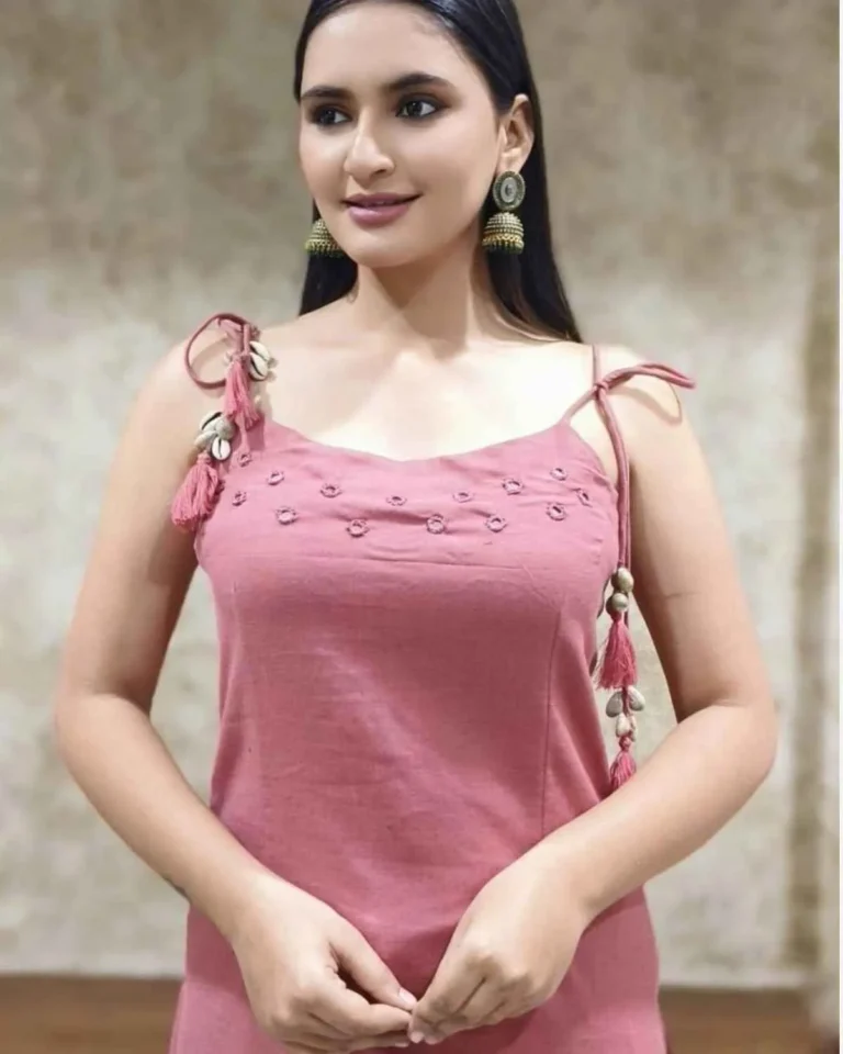 Pink cotton slub coord set, sleeveless kurti plazo, aari mirror work, stylish latkans