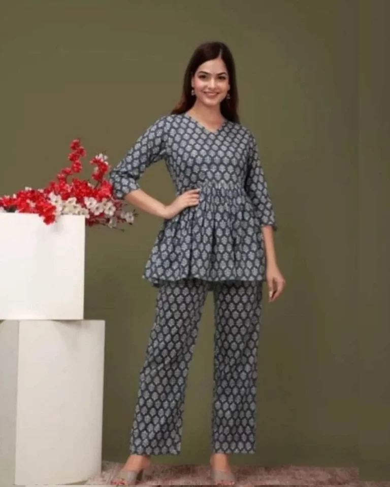 Grey black printed rayon co-ord set, frock style top, matching pant, women's designer ethnic wear