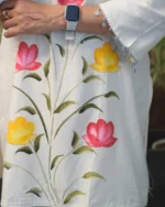 White cotton flex coord set, brush print, model confident pose, stylish ethnic set