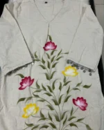 White cotton coord set side view, pant fit, fabric drape, comfortable ethnic outfit